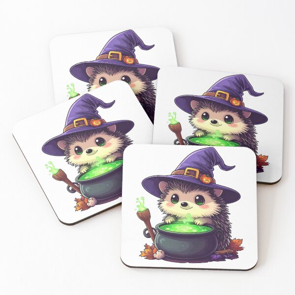 Item preview, Cute hedgehog in a witch hat stirring a bubbling green potion in a cauldron during autumn designed and sold by ShopThousand.