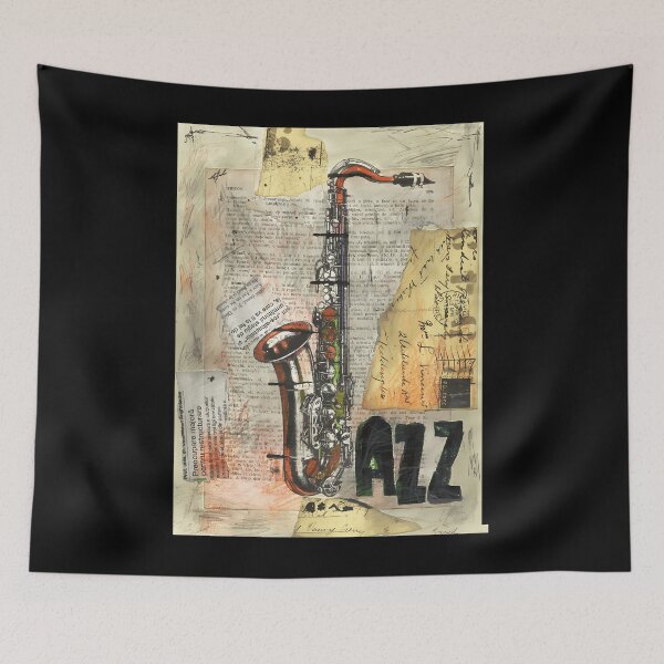 Item preview, Jazz collage art 	 drawing painting saxophone music face mask protection  	 designed and sold by yrhwumin86.