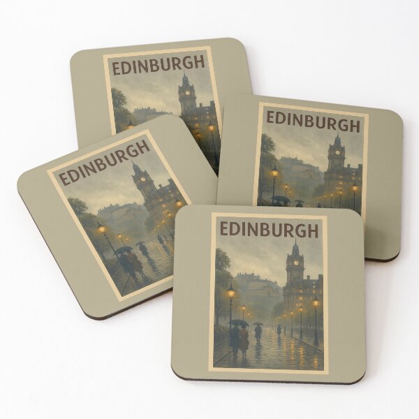 Item preview, Edinburgh Scotland Travel Art – Rainy Street Scene with Castle and Clock Tower designed and sold by Annika Shurafa.