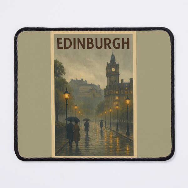 Item preview, Edinburgh Scotland Travel Art – Rainy Street Scene with Castle and Clock Tower designed and sold by Annika Shurafa.