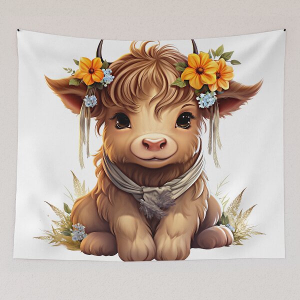 Item preview, Cute Highland Cow Calf with Flower Crown – Boho Farm Animal designed and sold by PixelExpressStudio.