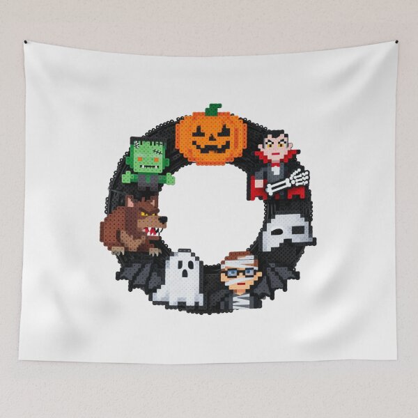 Item preview, Pixel Halloween Characters Wreath – Pumpkin, Ghost, Witch, Skull & Spooky Retro 8-Bit Art designed and sold by Gurjeetpixelart.