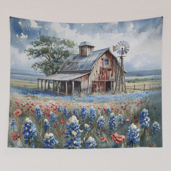 Item preview, Rustic Barn with Bluebonnets – Texas Wildflower Country Art designed and sold by PixelExpressStudio.