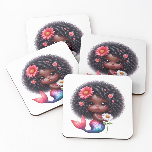Item preview, Rainbow Tail Black Mermaid Girl with Daisy | Afrocentric Fantasy Art designed and sold by Lulunza.