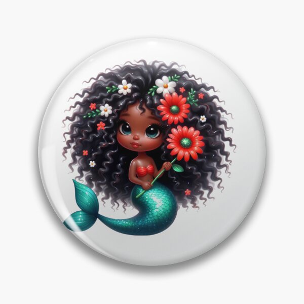 Item preview, Cute Black Mermaid Girl with Red Flower | Afrocentric Fantasy Art designed and sold by Lulunza.