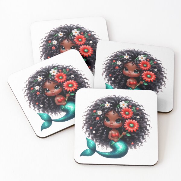Item preview, Cute Black Mermaid Girl with Red Flower | Afrocentric Fantasy Art designed and sold by Lulunza.