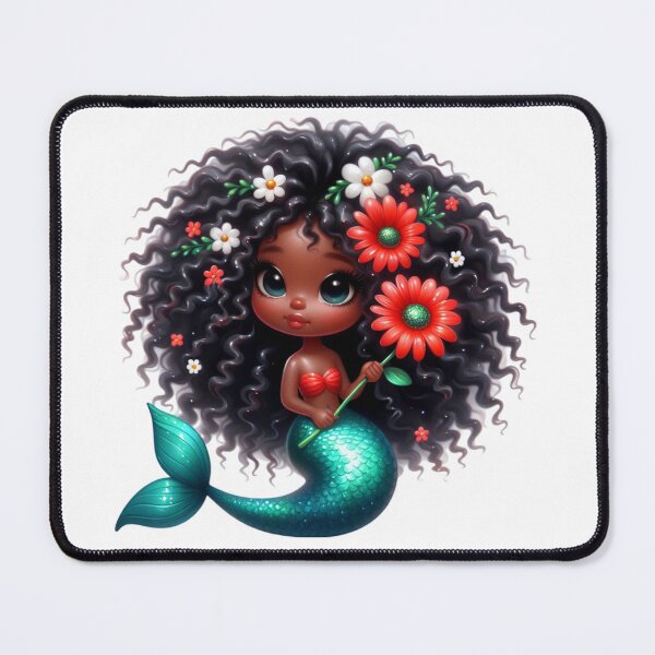 Item preview, Cute Black Mermaid Girl with Red Flower | Afrocentric Fantasy Art designed and sold by Lulunza.