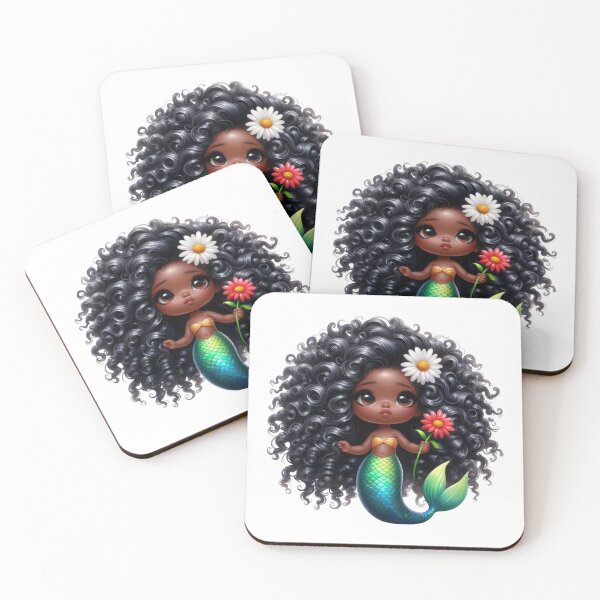 Item preview, Afrocentric Cute Black Mermaid with Red and White Flowers | Fantasy Girl Art designed and sold by Lulunza.