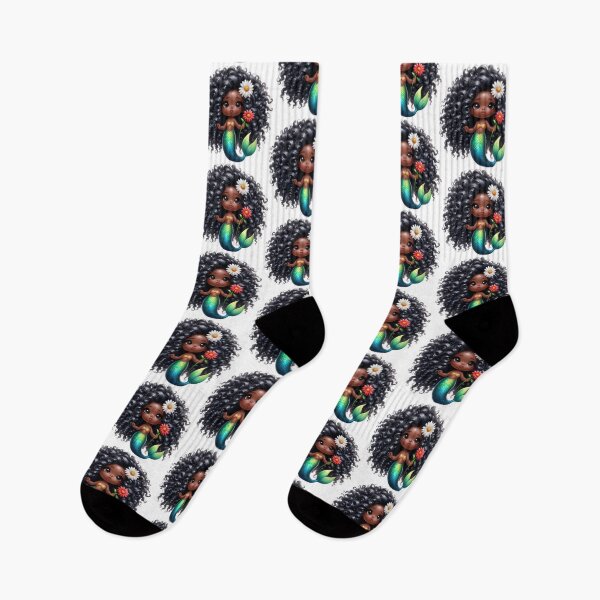 Item preview, Afrocentric Cute Black Mermaid with Red and White Flowers | Fantasy Girl Art designed and sold by Lulunza.