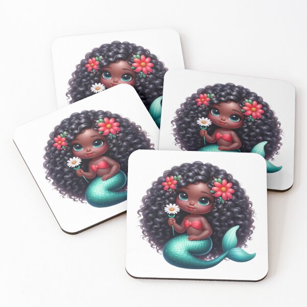 Item preview, Adorable Black Mermaid Holding Sunflower | Afrocentric Cute Mermaid designed and sold by Lulunza.