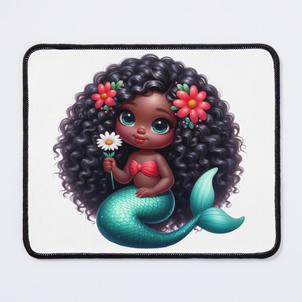 Item preview, Adorable Black Mermaid Holding Sunflower | Afrocentric Cute Mermaid designed and sold by Lulunza.