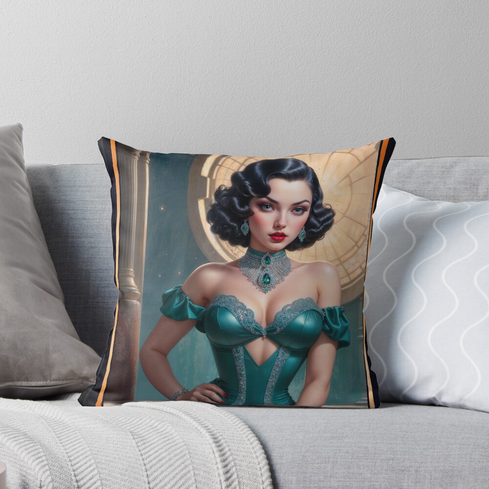 Emerald Dreams: Carina Fiorenza Illustrative Portrait AI Concept Art by Xzendor7 | The Alluring Elegance Of Art Deco 4 Emerald Dreams: Carina Fiorenza Illustrative Portrait Captivating AI Concept Art by Xzendor7 Decorative Art Print Throw Pillow