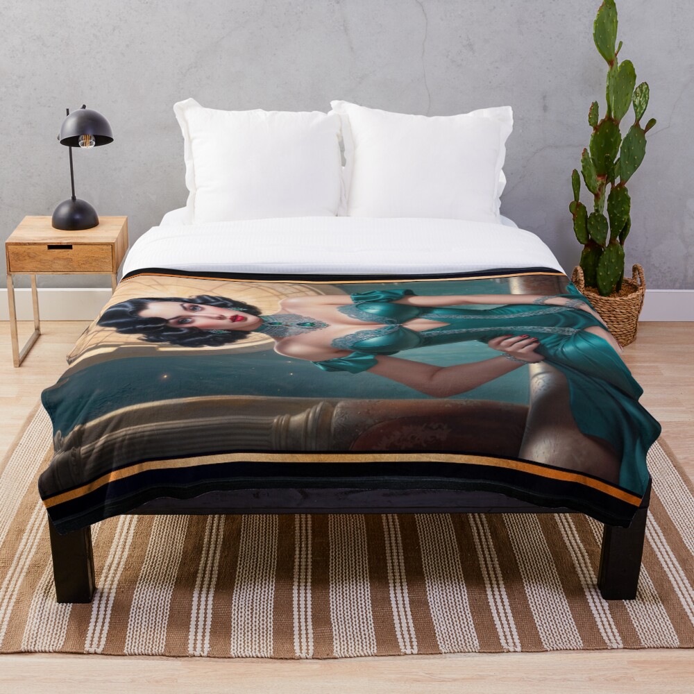 Emerald Dreams: Carina Fiorenza Illustrative Portrait AI Concept Art by Xzendor7 | The Alluring Elegance Of Art Deco 3 Emerald Dreams: Carina Fiorenza Illustrative Portrait Captivating AI Concept Art by Xzendor7 Decorative Art Print Throw Blanket