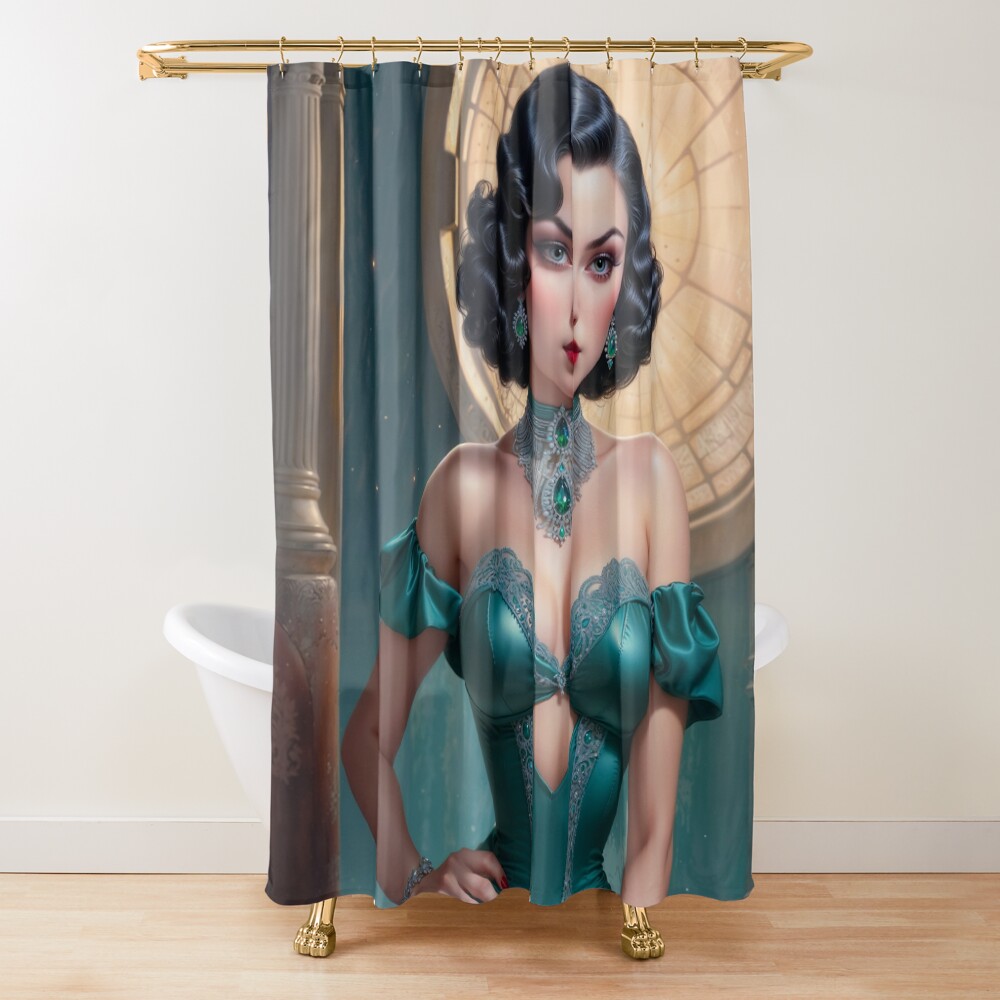 Emerald Dreams: Carina Fiorenza Illustrative Portrait AI Concept Art by Xzendor7 | The Alluring Elegance Of Art Deco 2 Emerald Dreams: Carina Fiorenza Illustrative Portrait Captivating AI Concept Art by Xzendor7 Decorative Art Print Shower Curtain