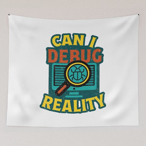 Item preview, Can I Debug Reality T-Shirt witty t-shirt design features a computer screen with a magnifying glass highlighting a bug, designed and sold by Koony House and Field.