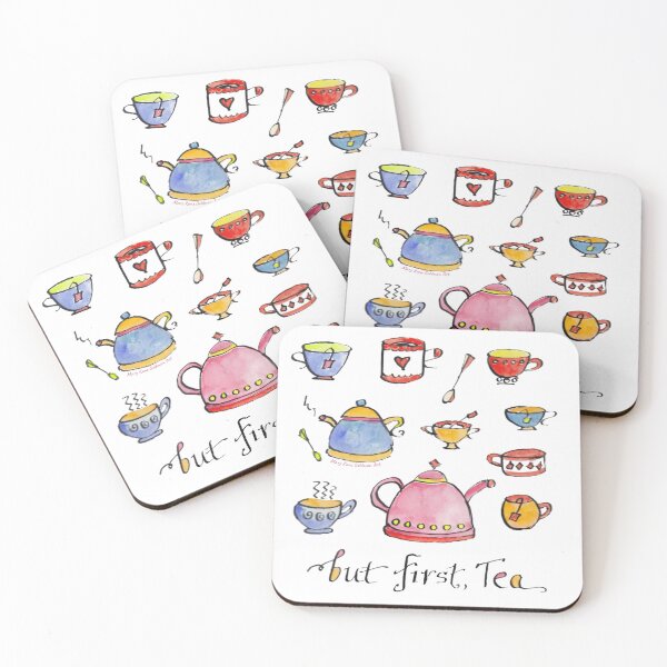 Item preview, But First, Tea! Watercolor Teapot Teacup Pattern designed and sold by MaryKunzGoldman.