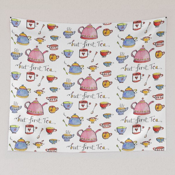 Item preview, But First, Tea! Watercolor Teapot Teacup Pattern designed and sold by MaryKunzGoldman.