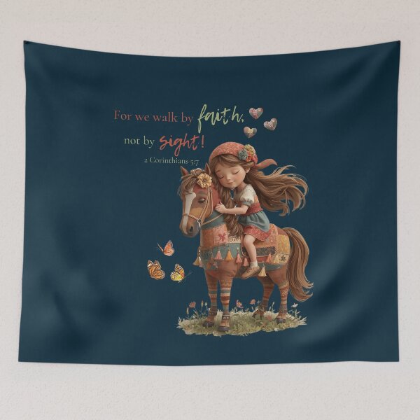 Item preview, For We Walk by Faith, Not by Sight – 2 Corinthians 5:7 Bible Verse Christian Artwork with Girl, Horse & Butterflies designed and sold by AmenAlways.
