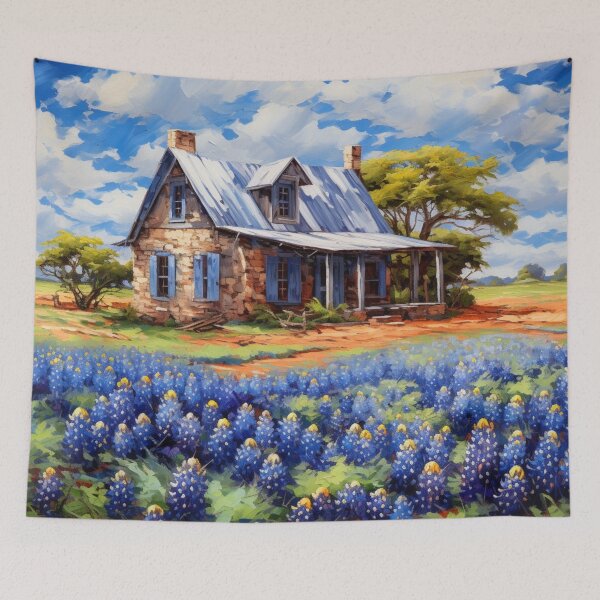Item preview, Texas Farmhouse with Bluebonnets – Rustic Country Landscape Art designed and sold by PixelExpressStudio.
