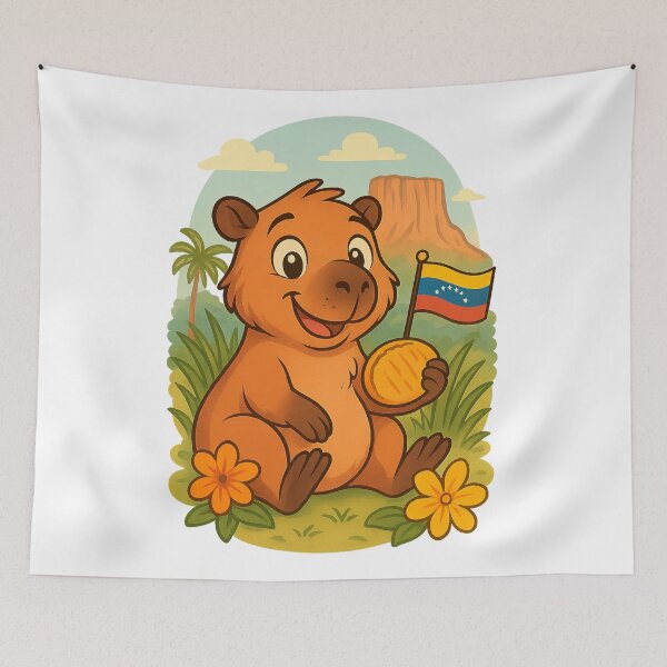 Item preview, Cute Capybara with Venezuelan Flag and Arepa designed and sold by CapyToon.
