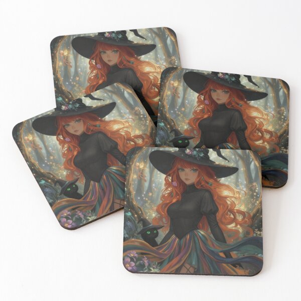 Item preview, Mystical Red-Haired Witch in Enchanted Forest with Black Cat | Fantasy Halloween designed and sold by Linda Roisum.