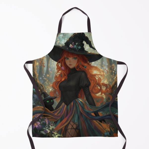 Item preview, Mystical Red-Haired Witch in Enchanted Forest with Black Cat | Fantasy Halloween designed and sold by Linda Roisum.