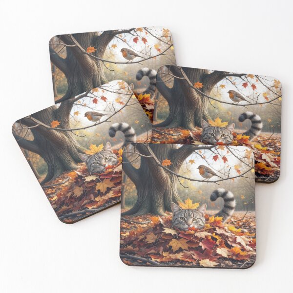 Item preview, Tabby Cat In Autumn Leaves With a Bird designed and sold by Maria Dryfhout.