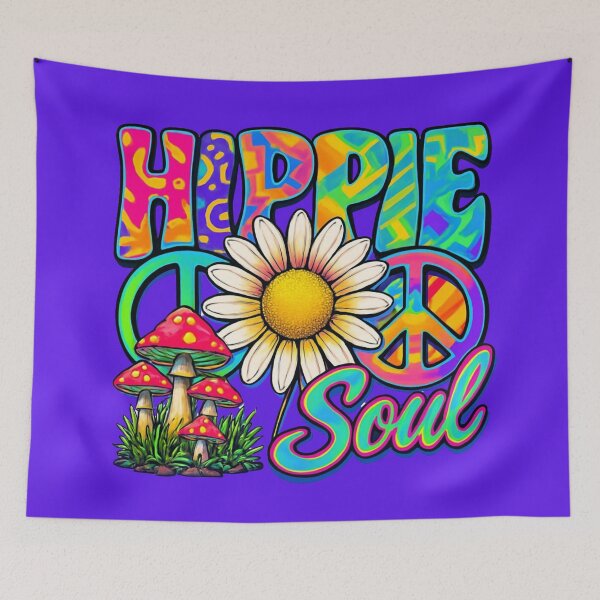 Aperçu de l'œuvre Hippie Soul – Art rétro psychédélique avec marguerites et signes de paix créée et vendue par PixelExpressStudio.