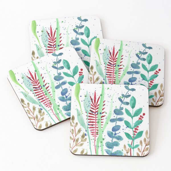 Item preview, Botanical Watercolor Leaves And Branches Red Green Teal I  designed and sold by Irina Sztukowski.