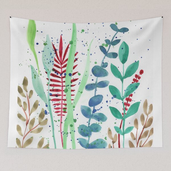 Item preview, Botanical Watercolor Leaves And Branches Red Green Teal I  designed and sold by Irina Sztukowski.
