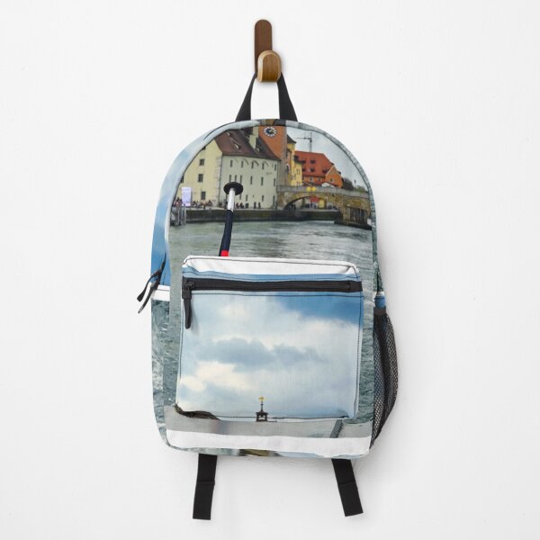 Item preview, German flag and ancient stone bridge over the Danube river in Regensburg, Bavaria, Germany designed and sold by goceris.