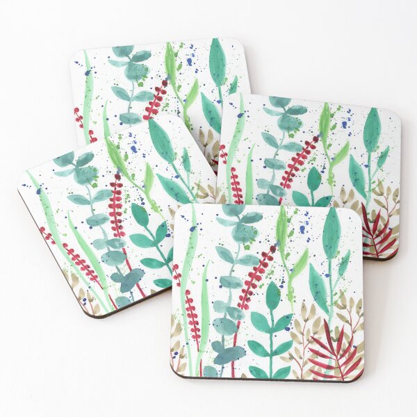 Item preview, Botanical Watercolor Leaves And Branches Red Green Teal II designed and sold by Irina Sztukowski.