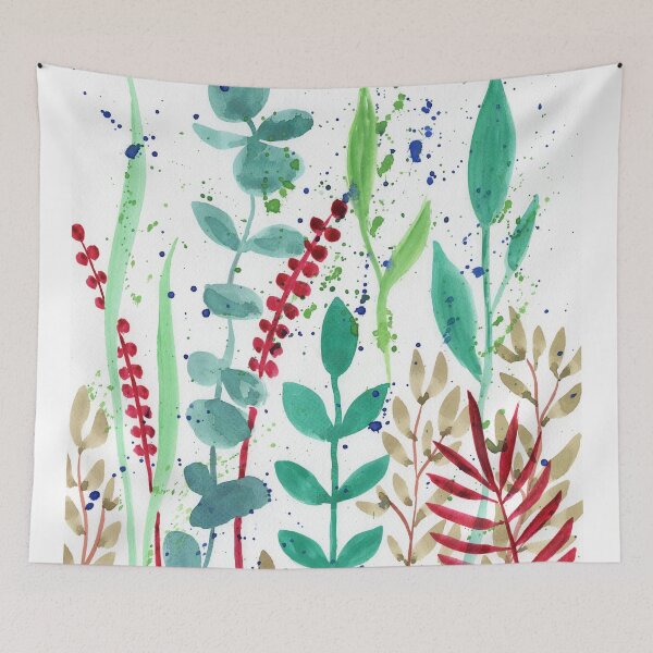 Item preview, Botanical Watercolor Leaves And Branches Red Green Teal II designed and sold by Irina Sztukowski.