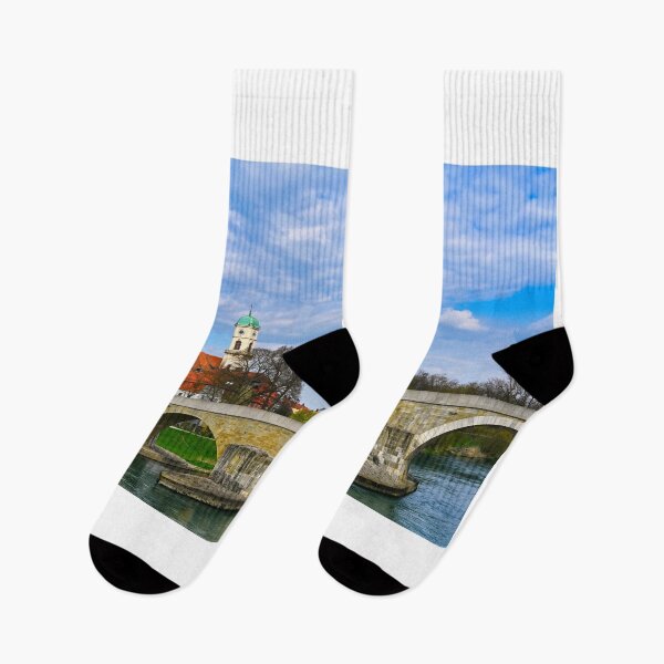 Item preview, Ancient stone bridge over the Danube river, old town Regensburg, Bavaria, Germany designed and sold by goceris.