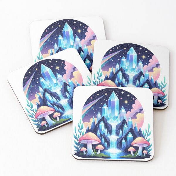 Item preview, Crystal Mountain Waterfall Sticker– Starry Galaxy Night & Glowing Mushrooms designed and sold by Happy Vibes Art.