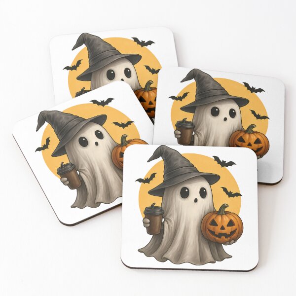Item preview, Cute Halloween Ghost with Coffee and Pumpkin Illustration designed and sold by Aurora Prints.