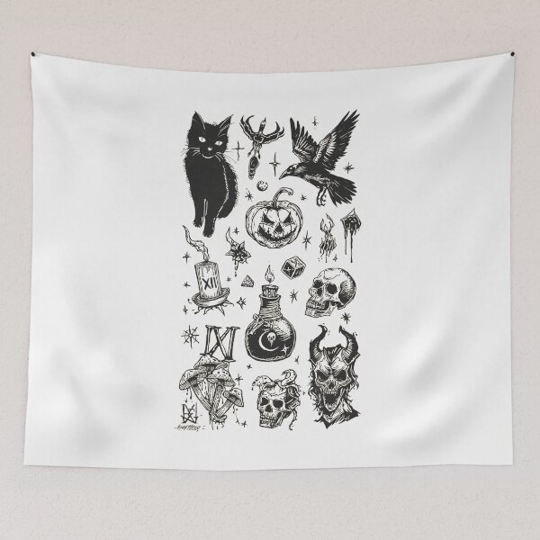 Item preview, Dark Tattoo Flash Sheet – Spooky Halloween Ink Art designed and sold by Jocamedahub.