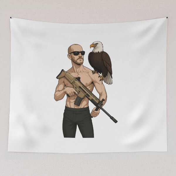 Item preview, Eagle Warrior with SCAR Rifle – Bald Hero in Black Pants & Sunglasses designed and sold by FUIRY .
