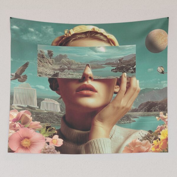 Item preview, Surreal Landscape Vision, Surreal female portrait with futuristic glasses reflecting landscapes designed and sold by Jirka Svetlik, Studio Illuvision.