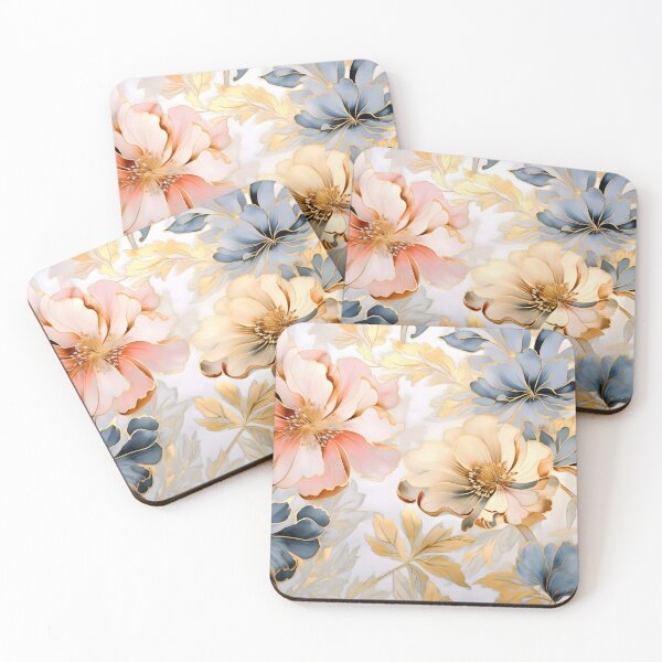 Artikelvorschau, Pastellrosa Blumen mit gedämpften blauen und goldenen Blättern – Elegante Blumenkunst entworfen und verkauft von EmeraldeaArt.