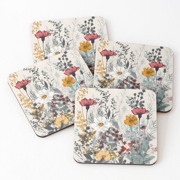 Item preview, Wildflowers of Meadow Lineart – White Yellow Orange Red Cosmos and Carnations designed and sold by EmeraldeaArt.