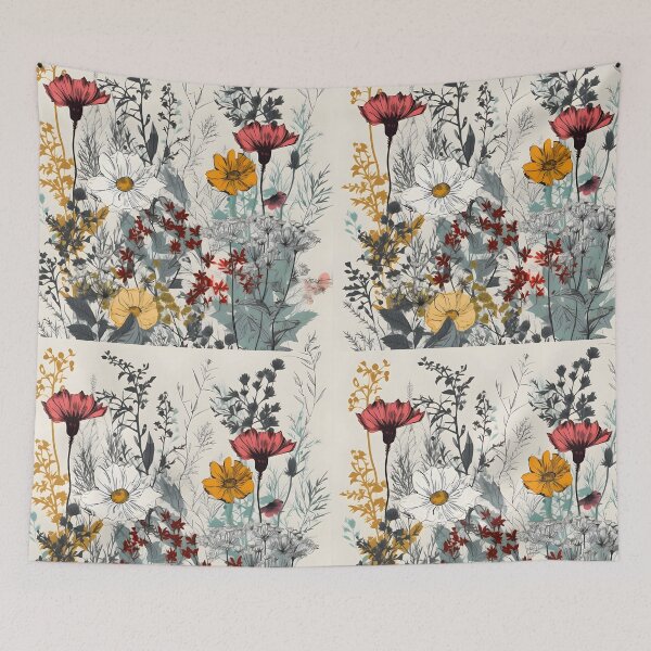 Item preview, Wildflowers of Meadow Lineart – White Yellow Orange Red Cosmos and Carnations designed and sold by EmeraldeaArt.