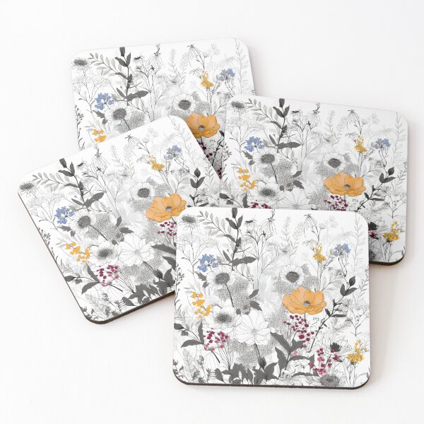 Item preview, Meadow Botanical Lineart – White, Yellow, and Light Blue Flowers designed and sold by EmeraldeaArt.