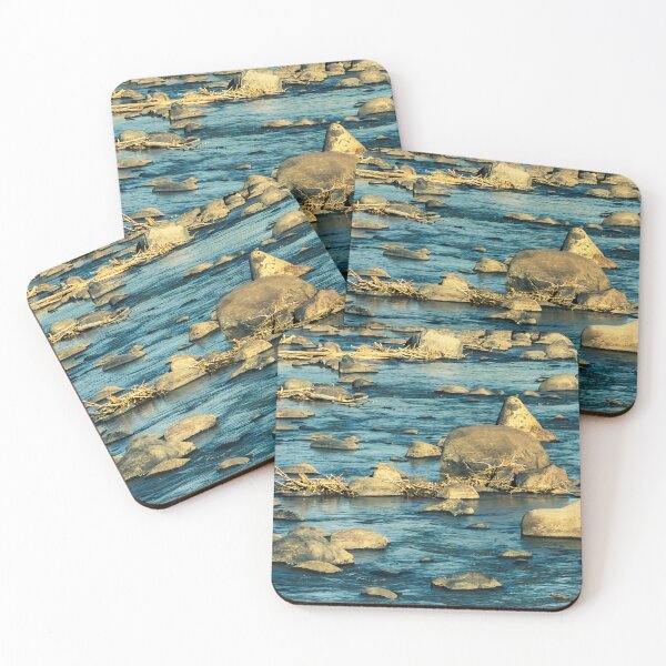 Item preview, Swift water swirls around golden river rocks designed and sold by MYTOPSHELF.