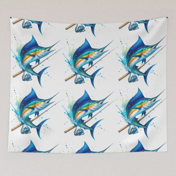 Item preview, Colorful Jumping Marlin with Fishing Rod Water Splash Design designed and sold by ArtfulWeave.