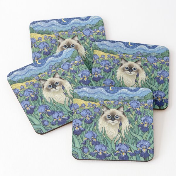 Item preview, Van Gogh Inspired Cat with Irises / Whimsical Feline Art designed and sold by Pawsterpiece Art.