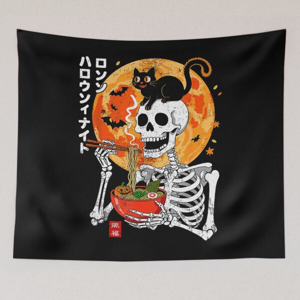 Item preview, Spooky Skeleton Eating Ramen Bowl with Cat Halloween designed and sold by alleiga-ndstrom.