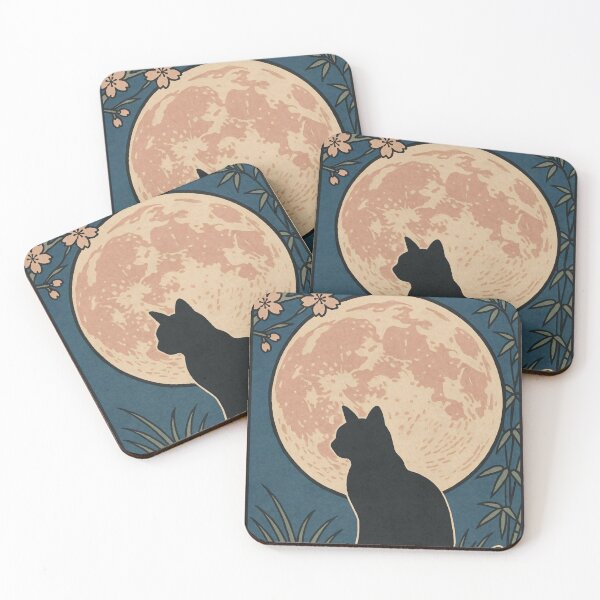 Item preview, Black Cat Beneath the Full Moon — Japanese Woodblock–Style with Cherry Blossoms designed and sold by Teequeque.