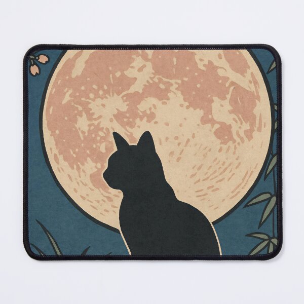 Item preview, Black Cat Beneath the Full Moon — Japanese Woodblock–Style with Cherry Blossoms designed and sold by Teequeque.