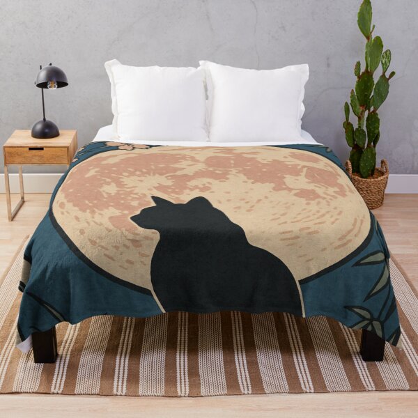 Item preview, Black Cat Beneath the Full Moon — Japanese Woodblock–Style with Cherry Blossoms designed and sold by Teequeque.